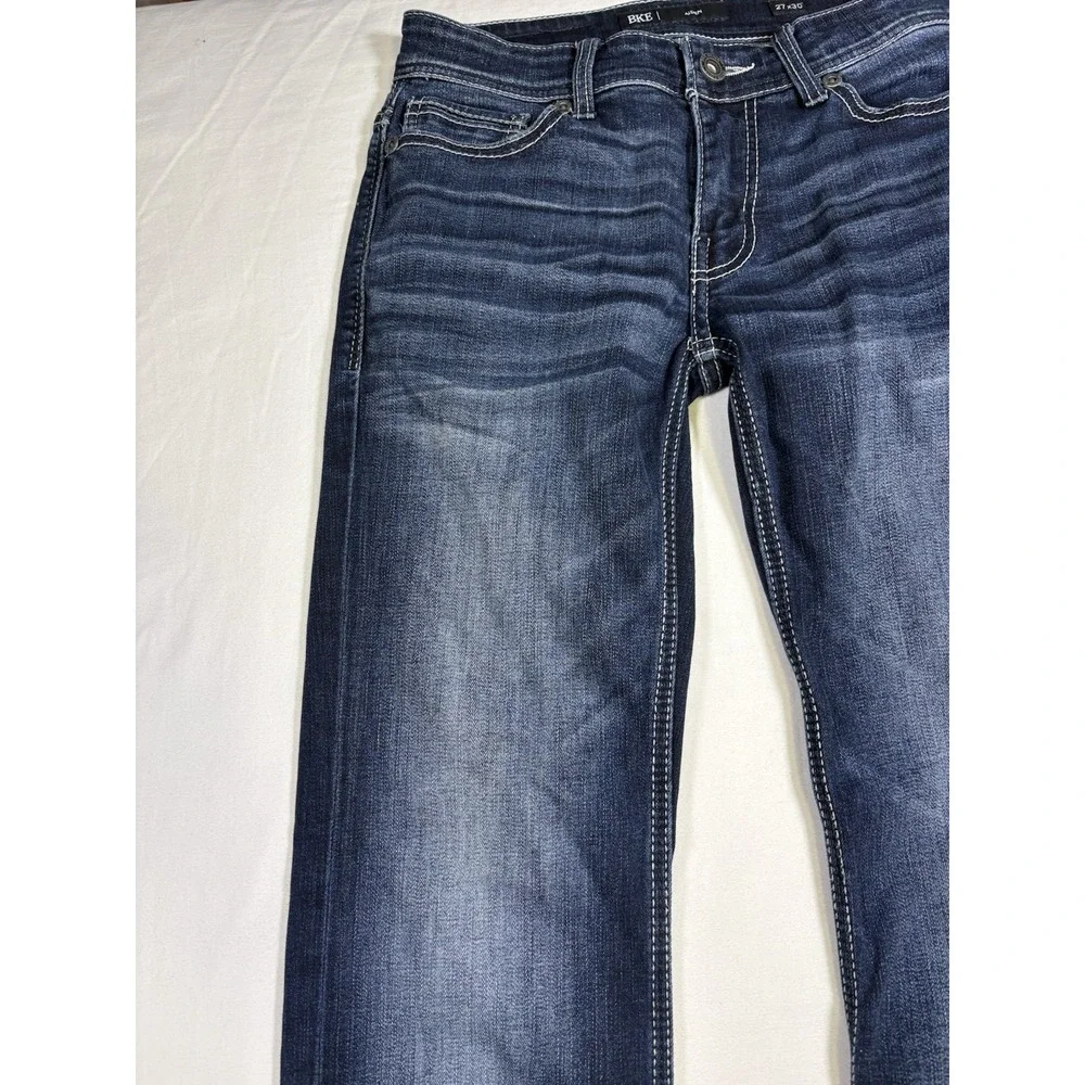 BKE Aiden Men's Jeans Size 27x30 Straight Leg Blue Denim Thick Stitch Buckle